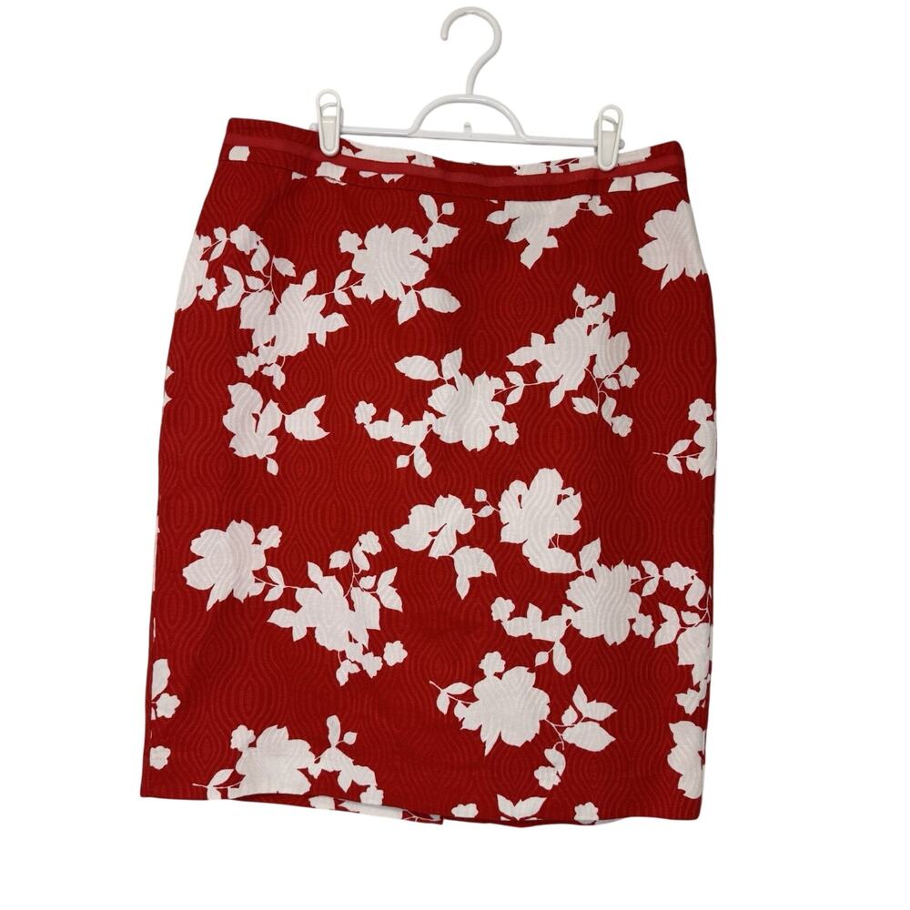 TALBOTS Pencil Skirt Women's Size 12 Red White Rose Silhouette Cotton Lined